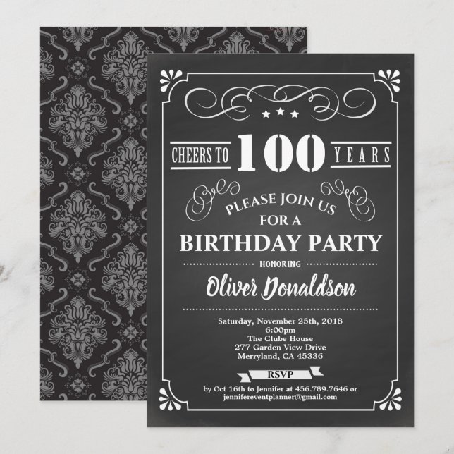 Invitación 100.º camisón de la fiesta de cumpleaños blanco y  (Anverso / Reverso)
