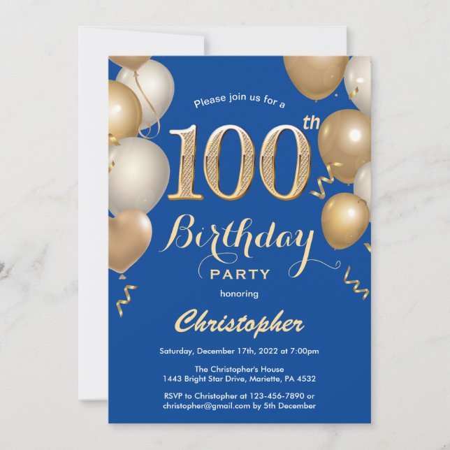 Invitación 100.º Confetti de globos azules y dorados (Anverso)