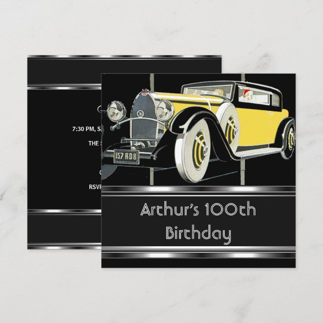 Invitación 100.º cumpleaños Black Vintage Car Mans (Anverso / Reverso)
