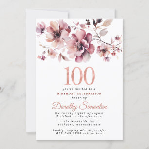 Invitación 100.º cumpleaños Borgoña Polvoriento Rubor Floral
