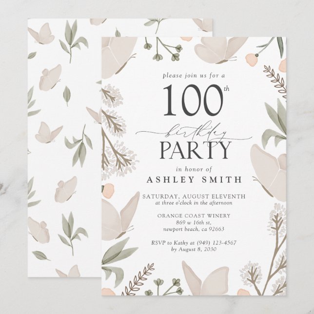 Invitación 100.º cumpleaños Butterflies Floral Neutral (Anverso / Reverso)