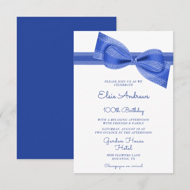 Invitación 100.º Cumpleaños Centenario de Blue Bow & Ribbon (Anverso / Reverso)