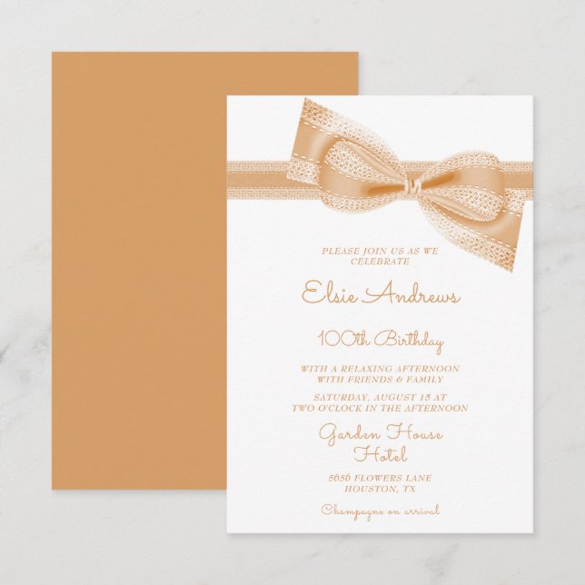 Invitación 100.º Cumpleaños Centenario de Peach Bow y Ribbon (Anverso / Reverso)
