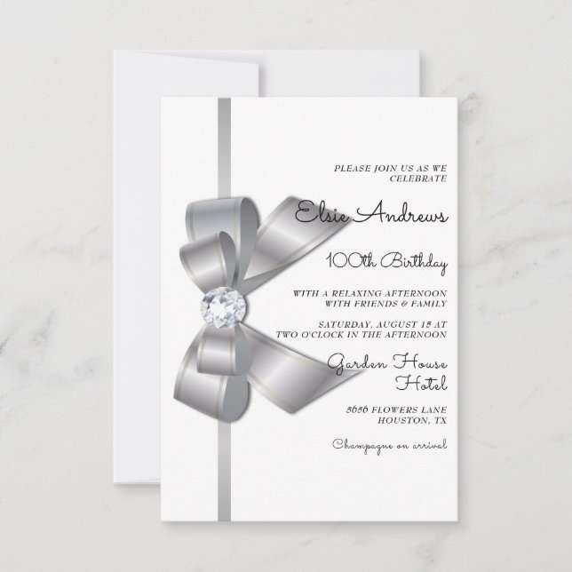 Invitación 100.º cumpleaños de Jewel Centenario Bow & Ribbon (Anverso)