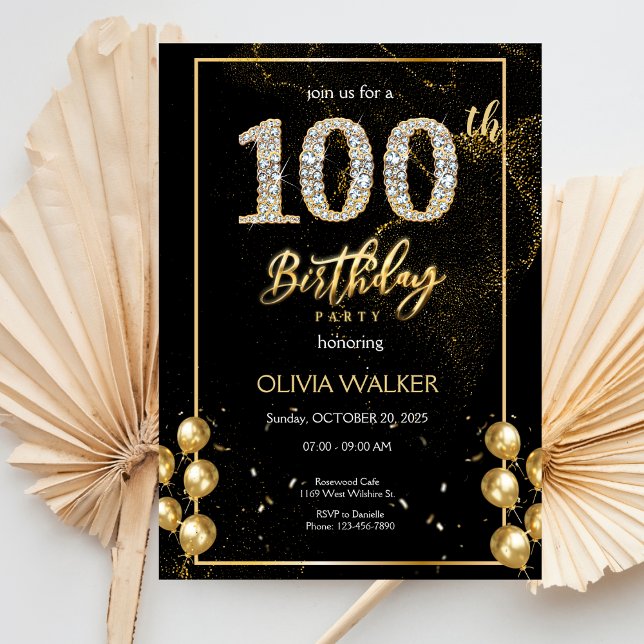 Invitación 100.º cumpleaños de oro y negro de diamantes (Subido por el creador)