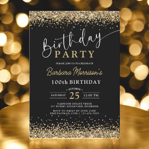 Invitación 100.º cumpleaños de Purpurina de oro negro cualqui