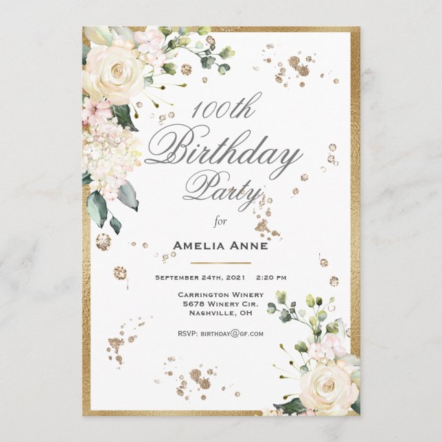Invitación 100.º cumpleaños Dorado acuarela Floral (Anverso)