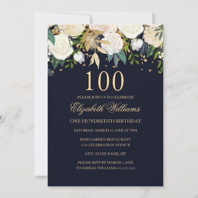 Invitación 100.º cumpleaños Elegante de la Marina Dorada Invi (Anverso)