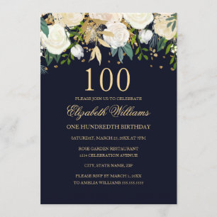 Invitación 100.º cumpleaños Elegante de la Marina Dorada Invi