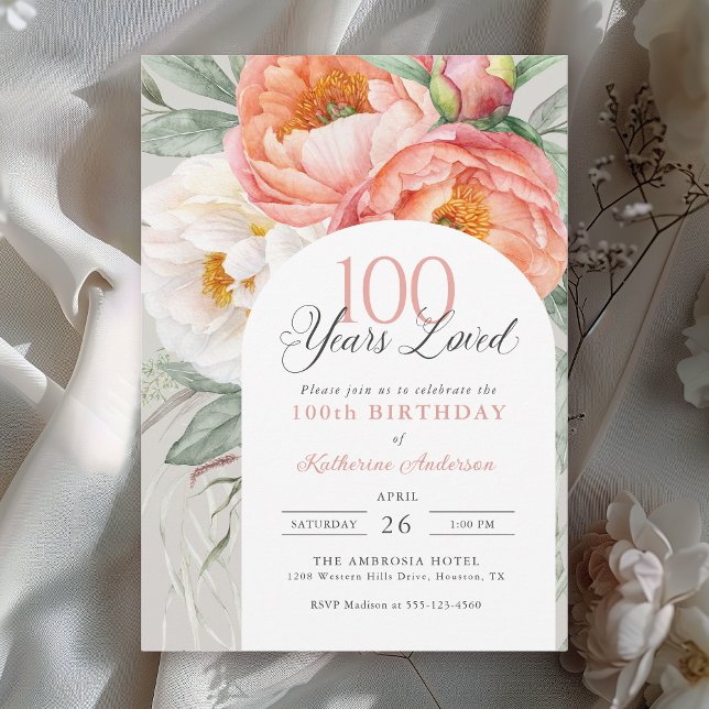 Invitación 100.º cumpleaños elegante floral femenina (Available in both printed and instant download digital formats.)