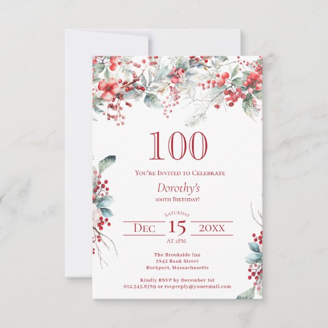 Invitación 100.º cumpleaños elegante invierno Berry Botánico (Anverso)