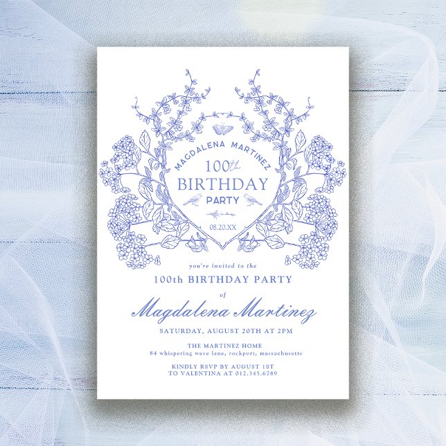 Invitación 100.º cumpleaños Escudo de Floral Azul de época fr (Subido por el creador)
