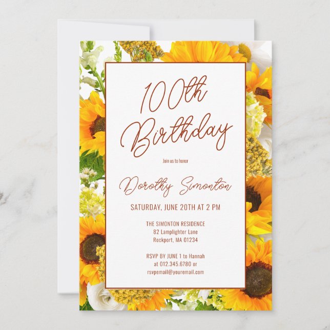 Invitación 100.º cumpleaños Floral de girasol moderno (Anverso)
