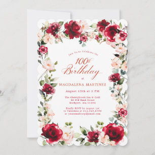 Invitación 100.º cumpleaños Floral de peones rosados rojos