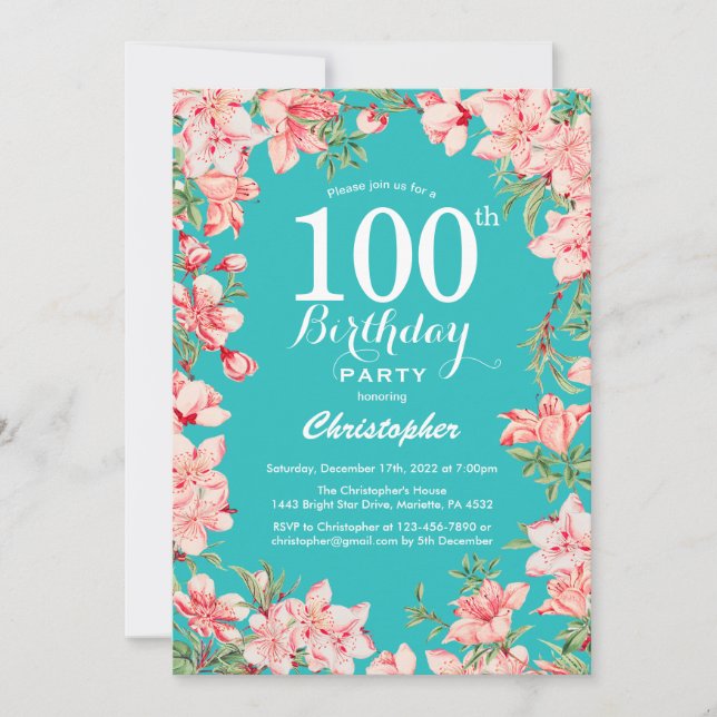 Invitación 100.º cumpleaños Flores de flores rosadas Verde az (Anverso)