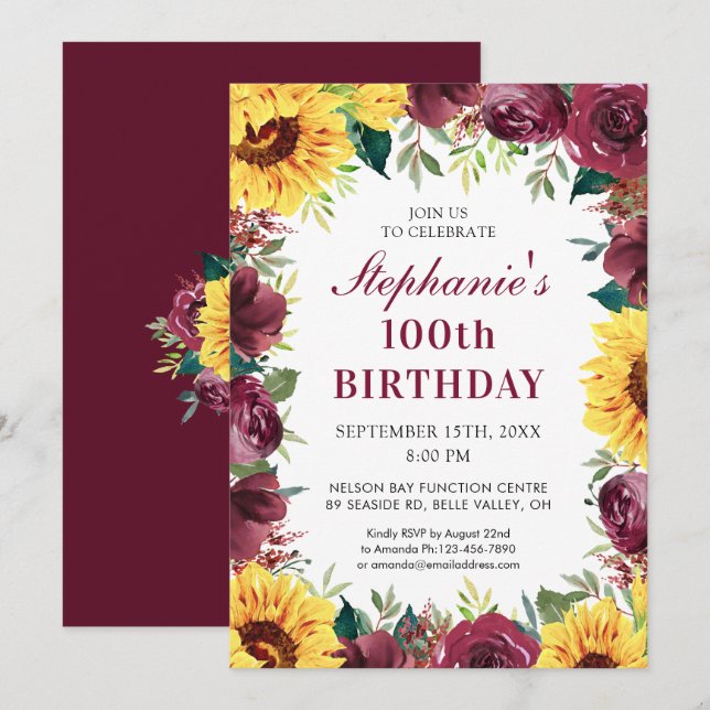 Invitación 100.º cumpleaños Girasol Borgoña Rosa Frontera (Anverso / Reverso)