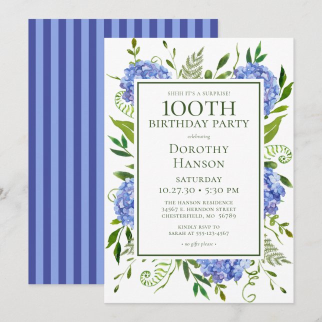 Invitación 100.º cumpleaños Hidráneas azules Fiesta sorpresa (Anverso / Reverso)