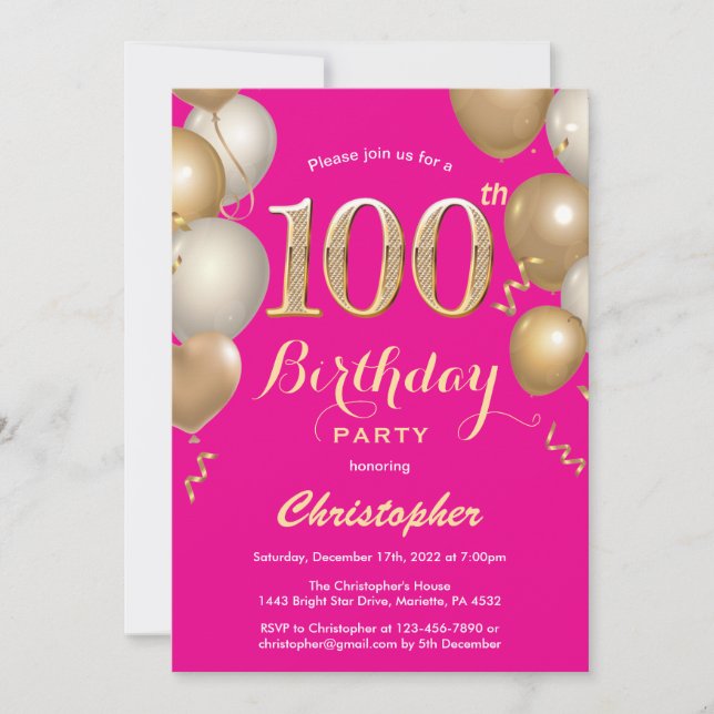 Invitación 100.º cumpleaños Hot Pink y Gold Balloons Confetti (Anverso)