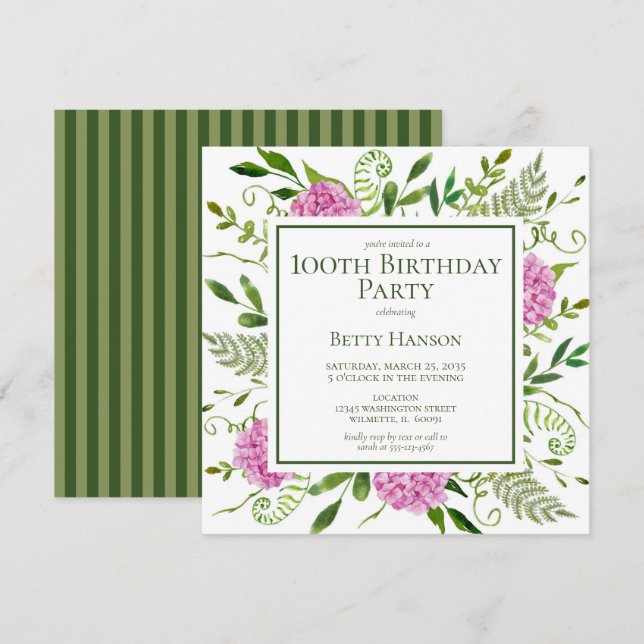 Invitación 100.º cumpleaños Hydrangeas Rosadas (Anverso / Reverso)