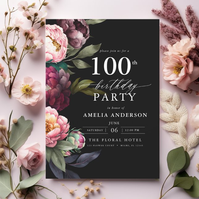 Invitación 100.º cumpleaños Moody Burgundy Rubor Floral (Subido por el creador)