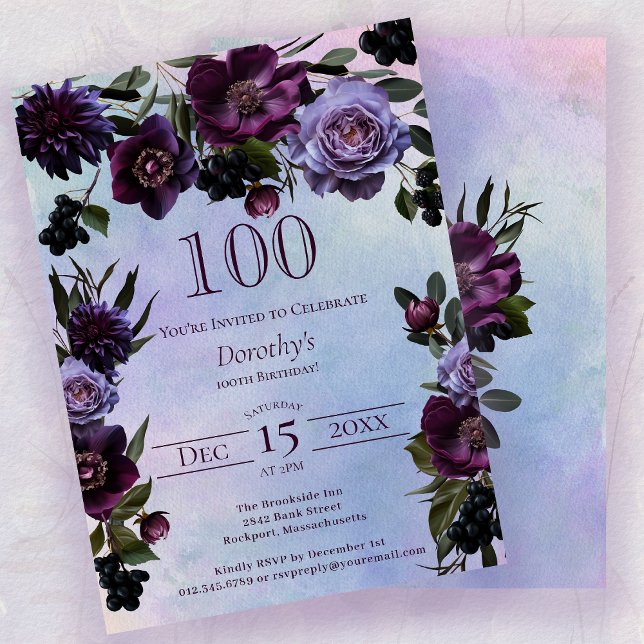 Invitación 100.º cumpleaños Moody Flor gótica morada (Subido por el creador)