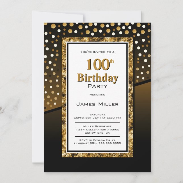Invitación 100.º cumpleaños negro y oro (Anverso)