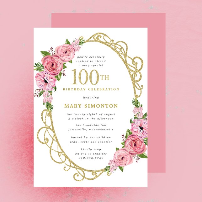 Invitación 100.º cumpleaños Oro Floral Rosa Rosa Rosa (Subido por el creador)