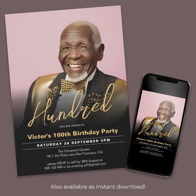 Invitación 100.º cumpleaños - Oro Negro Mínimo moderno foto (100th Birthday Black Gold Minimal Modern Photo Invitation)