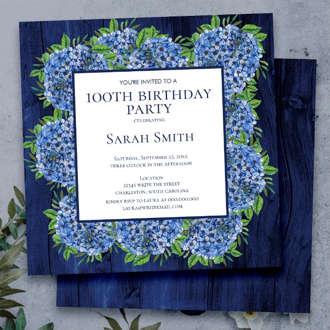 Invitación 100.º cumpleaños Rustic Wood Blue Hydrangeas Fiest (Subido por el creador)