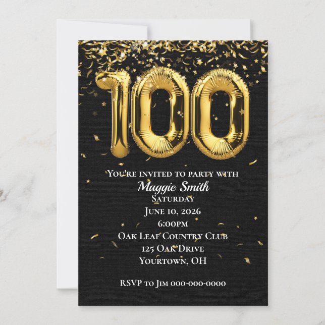 Invitación 100.º globo de oro y confetti (Anverso)