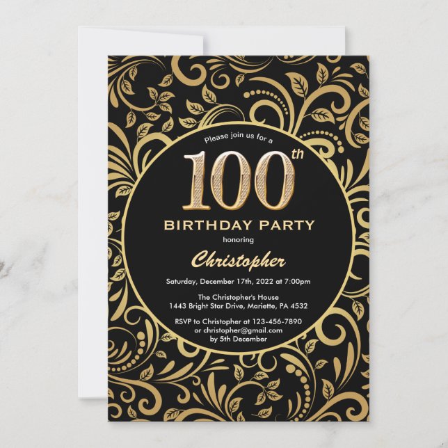 Invitación 100.º Nacimiento Patrón Floral Negro y Oro (Anverso)
