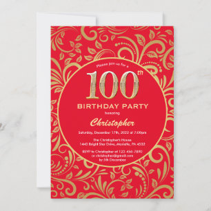 Invitación 100.º patrón floral rojo y dorado
