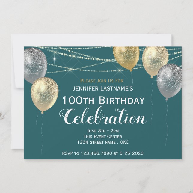 Invitación 100.º Purpurina de oro de cumpleaños (Anverso)