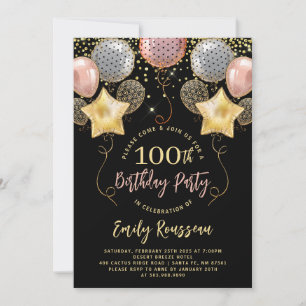 Invitación 100.º Purpurina de oro de cumpleaños globos negro