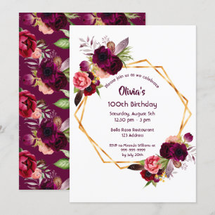 Invitación 100 años borgoña florales oro geométrico