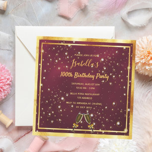 Invitación 100 años burbujas de oro burdeos