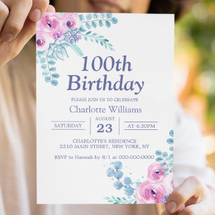 Invitación 100 años de natalidad acuarela Floral morada 100 a