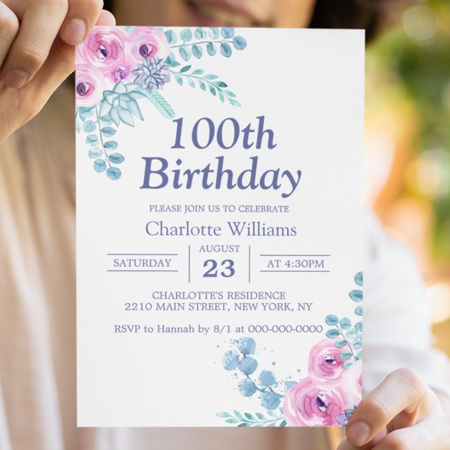 Invitación 100 años de natalidad acuarela Floral morada 100 a (100th Birthday Watercolor Floral Purple 100 Years Invitation
)