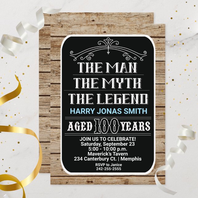 Invitación 100 años El hombre el mito la leyenda 100 años (100th Birthday the Man, the Myth, the Legend 100 Years)