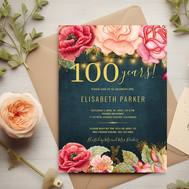 Invitación 100 años floral elegante fiesta de cumpleaños núme (Subido por el creador)