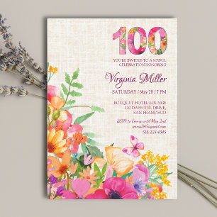 Invitación 100 años Flores Linen Floral 100 cumpleaños