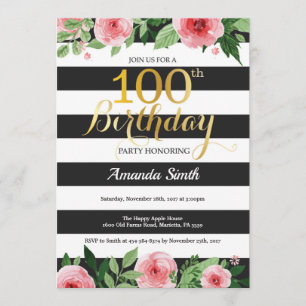 Invitación 100 Años Invitando a Mujeres. Dorado floral negro