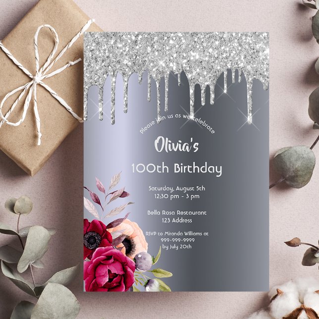 Invitación 100 años purpurina Plata goteo de flores de burdeo (Subido por el creador)