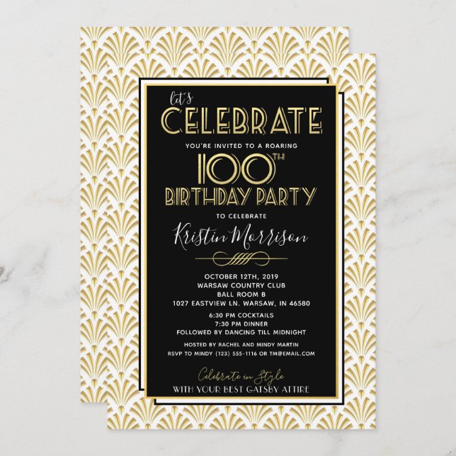Invitación 100 cumpleaños Art Deco Gatsby Roaring Fiesta de l (Anverso / Reverso)