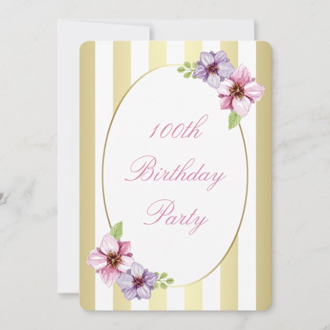 Invitación 100 cumpleaños Banda dorada rosa Lilac Floral blan (Anverso)
