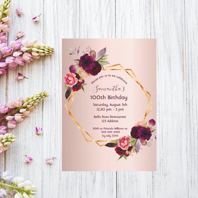 Invitación 100 cumpleaños burdeos floral rosa oro geométrico (Subido por el creador)