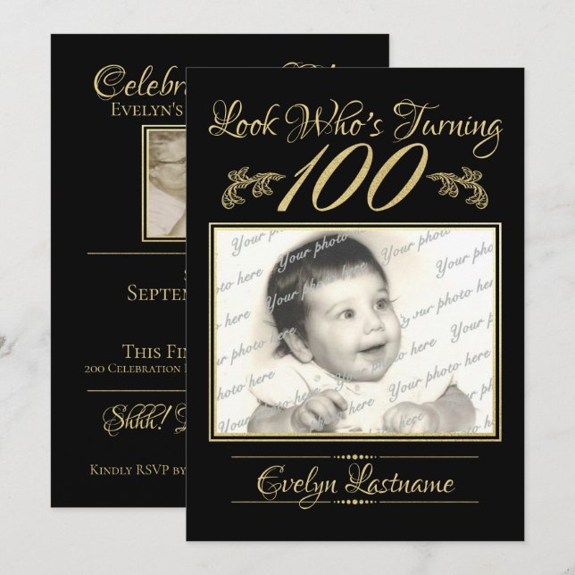 Invitación 100 cumpleaños elegante foto oro y negro (Anverso / Reverso)