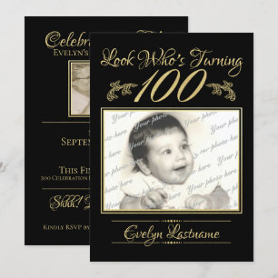 Invitación 100 cumpleaños elegante foto oro y negro