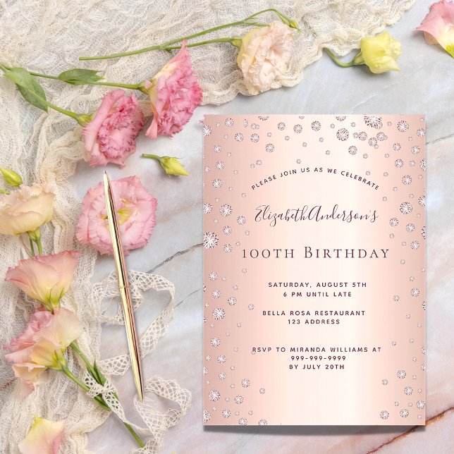 Invitación 100 cumpleaños fiesta de rosa de oro rociado de di (Subido por el creador)