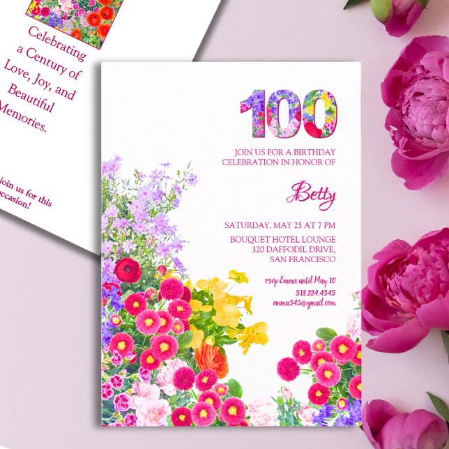 Invitación 100 cumpleaños fiesta floral flores 100 moderno (Subido por el creador)